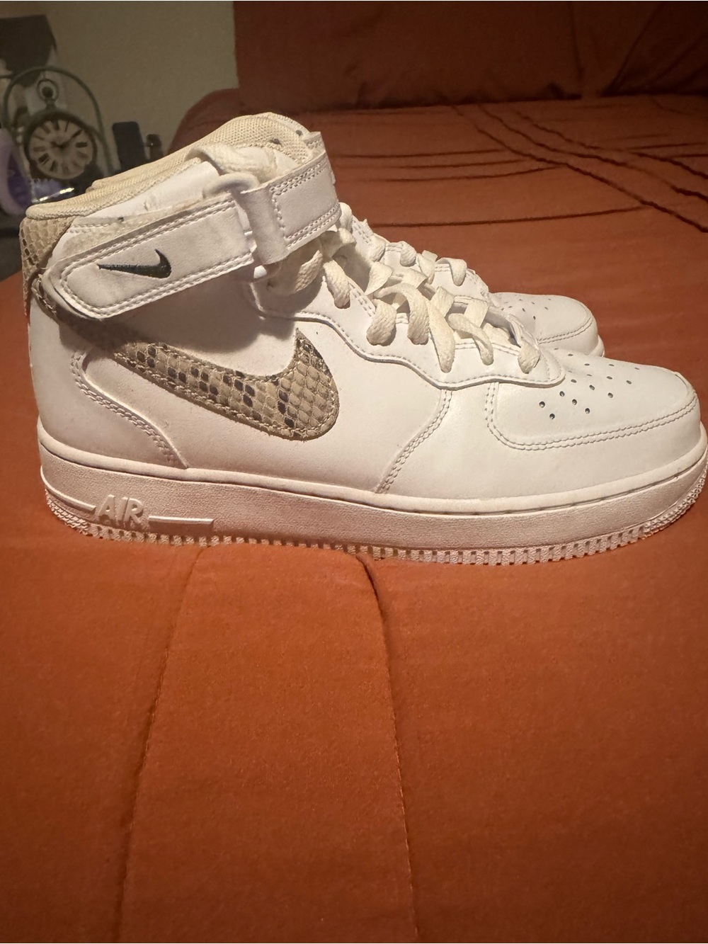 Nike Kids White High-Top Sneakers with Tan Snake-Print Swoosh